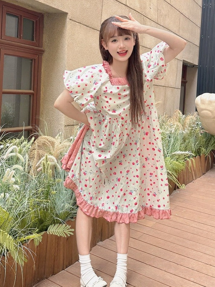 Red Blueberry Print Mori Kei Dress with Ruffle Trim - Mori Doll