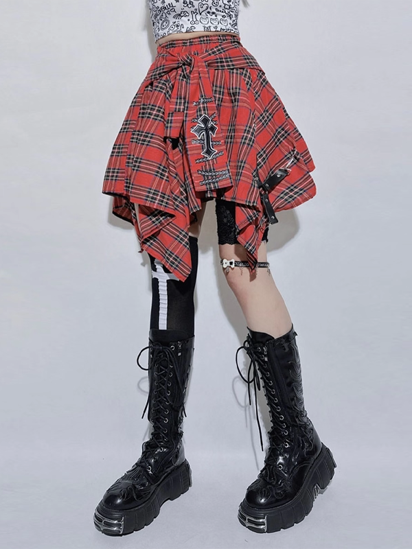 Plaid Handkerchief Design and Cross Waist with Skirt Red Elastic Hem