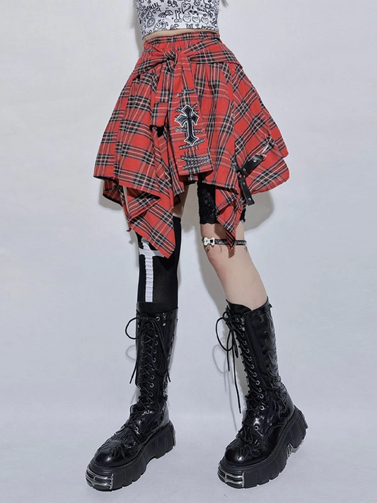 Plaid Handkerchief Design and Cross Waist with Skirt Red Elastic Hem