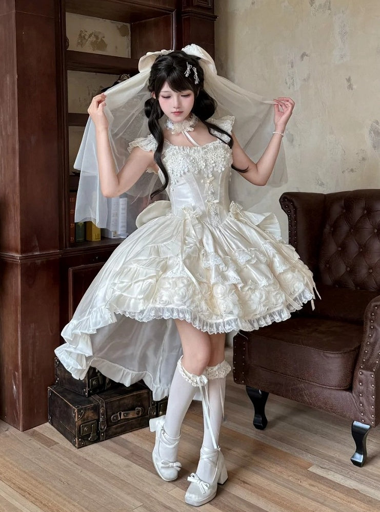 Blooming Hime Layered Lace Dress Lolita Accents Flower with Fluffy Champagne Waist Basque