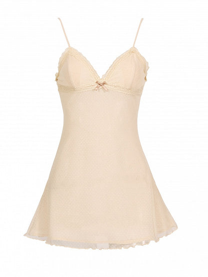 Dotted Tulle Slip Dress with Lace Trim, Padded Cups & Adjustable Straps - Blood Supply