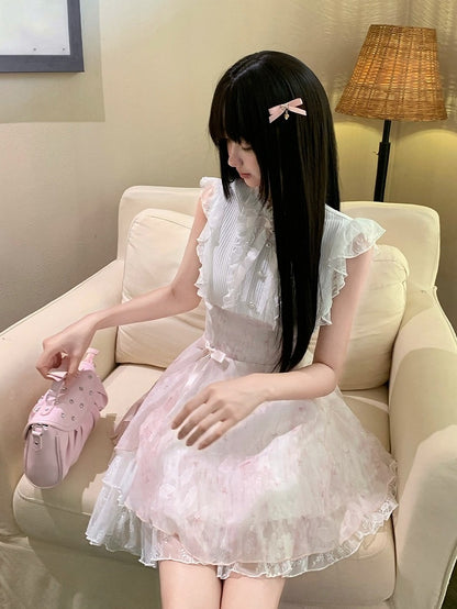 Pink & White Floral Seiso-kei Sleeveless Dress with Bow and Lace - LA LA JK