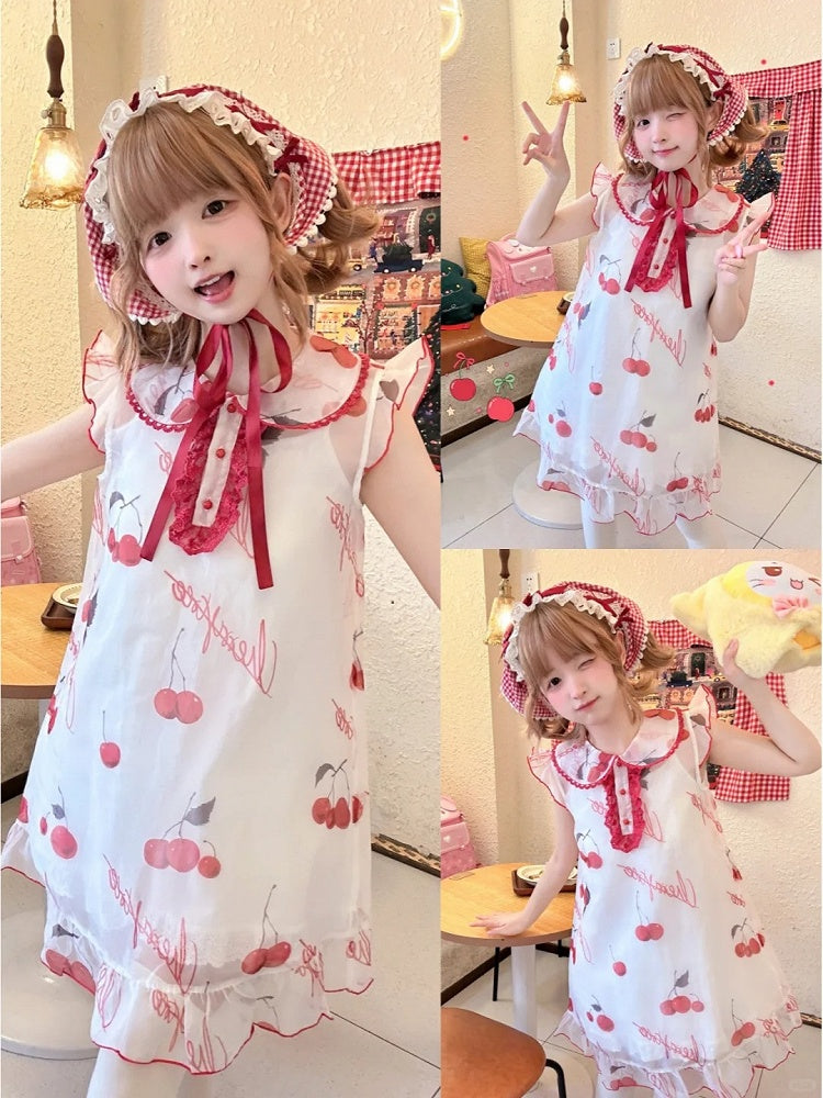 Cherry Print Organza Red Belt Bow Overdress+White Set Dress+Red Pan Slip Peter Collar