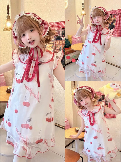 Cherry Print Organza Red Belt Bow Overdress+White Set Dress+Red Pan Slip Peter Collar