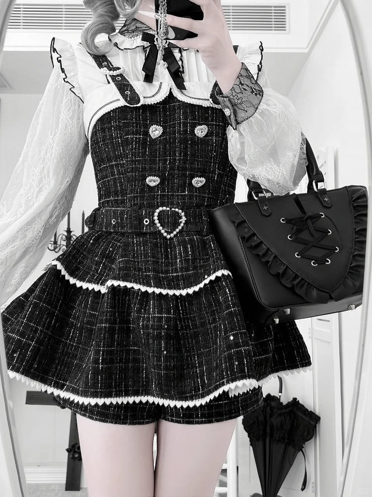 Tweed Jirai Dress Beaded Set: Heart Clasps Strap Overall Black Kei
