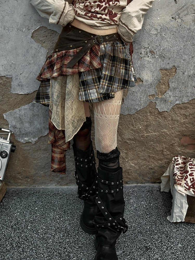 Patchwork Skirt Green with Studded Punk Belt Plaid Military Denim