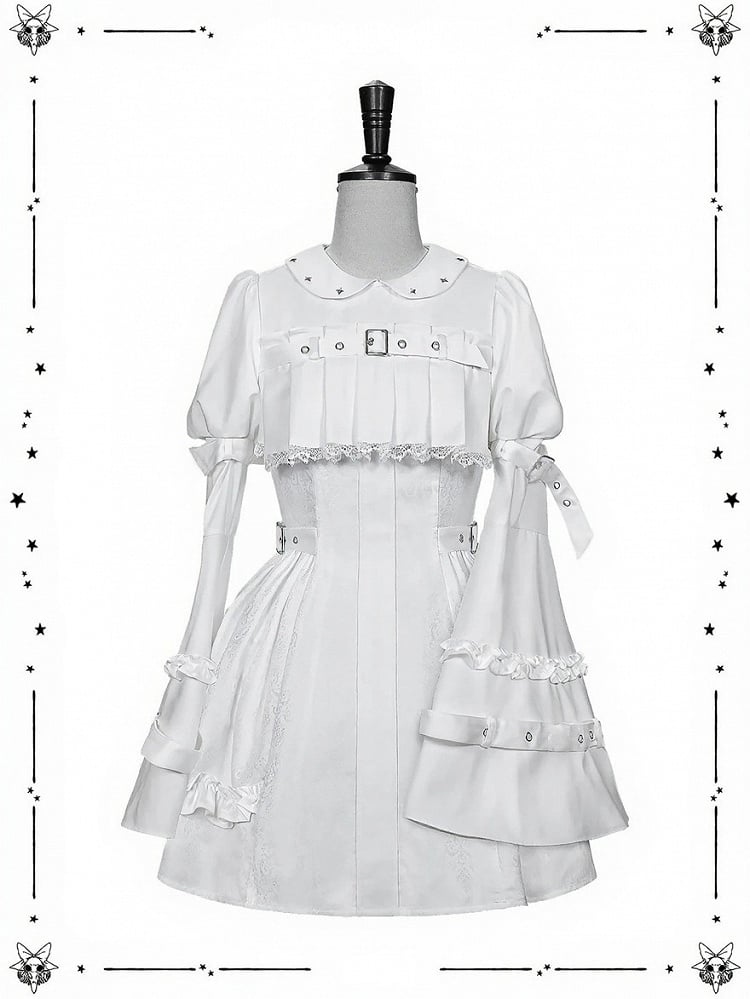 White Gothic Lolita Bell Sleeve Dress with Lace and Metal Buckle Accents - Kuroya