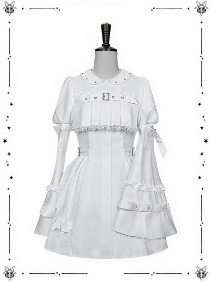 White Gothic Lolita Bell Sleeve Dress with Lace and Metal Buckle Accents - Kuroya