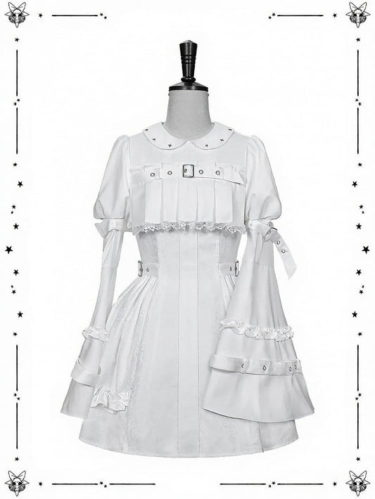 White Gothic Lolita Bell Sleeve Dress with Lace and Metal Buckle Accents - Kuroya