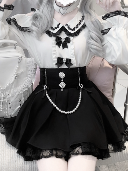 Kei Jirai Black High Waist Lace Skirt with Beaded Chain Round Rhinestone Trim