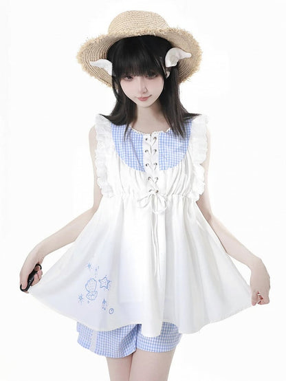 Flutter Sleeves Top and Plaid Seashell and Starfish Embroidery White Blue Front Lace-up
