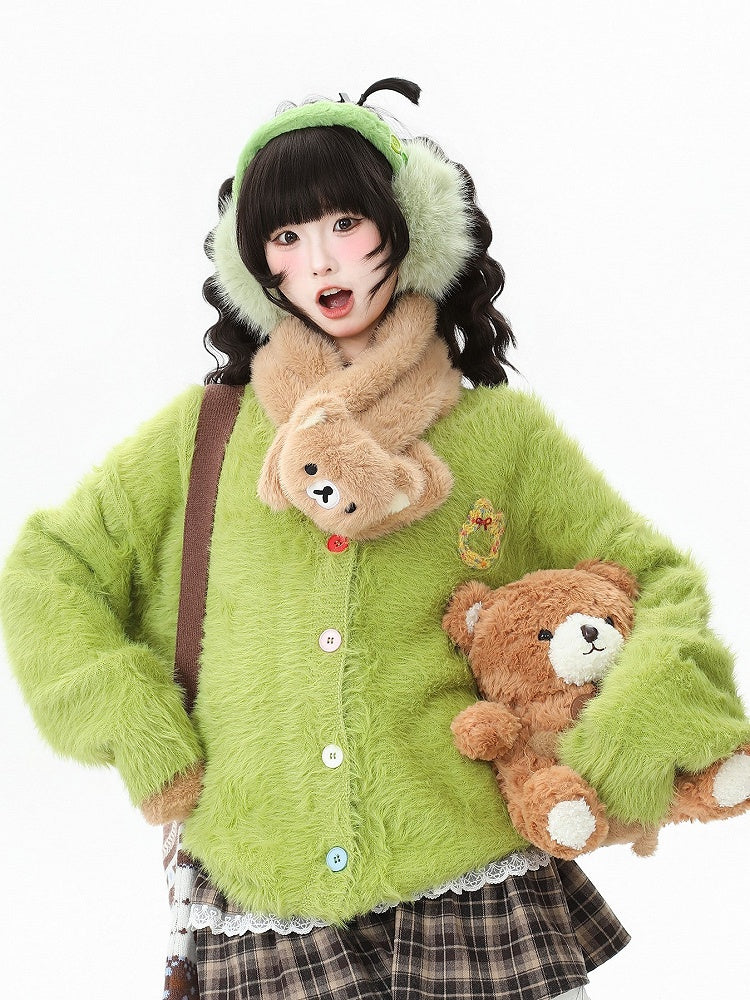 Buttons Colorful Daily V-neck Kawaii Green with Design Bunny Cardigan