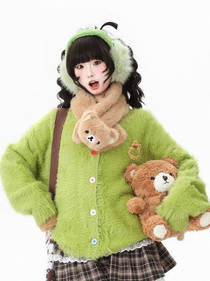 Buttons Colorful Daily V-neck Kawaii Green with Design Bunny Cardigan
