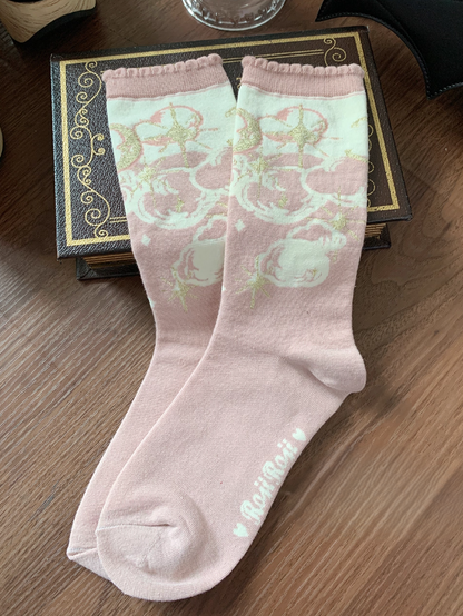 Calf Moon Socks Pattern Star Black/Pink/Blue And