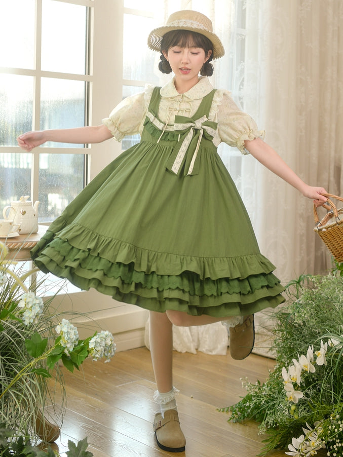Sweet Hem Overall Dress Bowknot Ruffle with Detachable Green