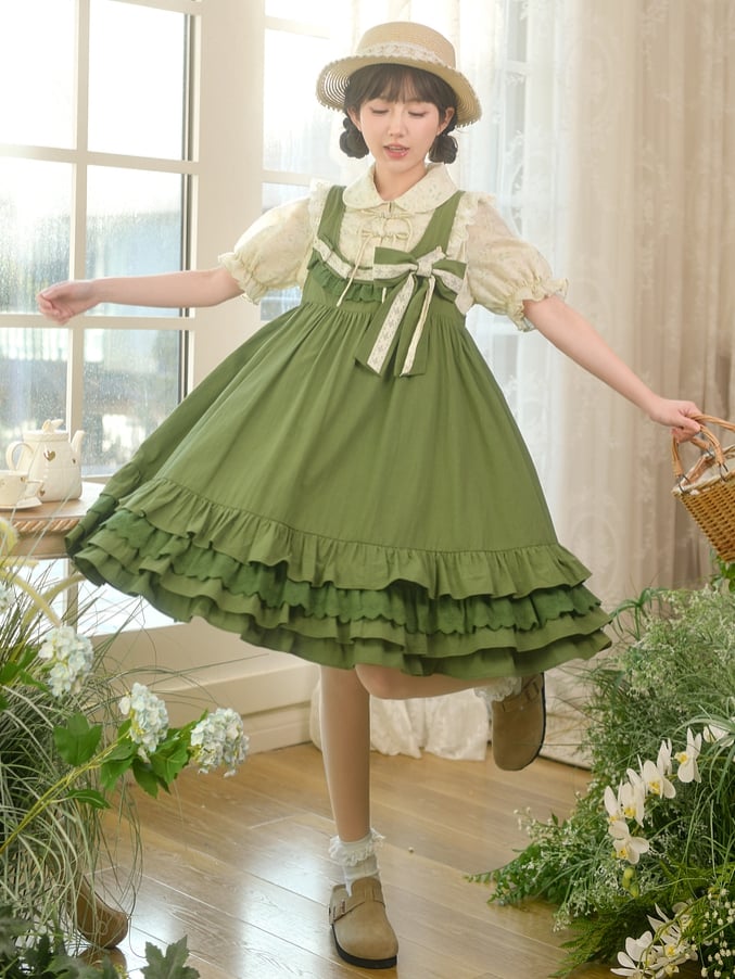 with Detachable Sweet Ruffle Green Overall Dress Hem Bowknot