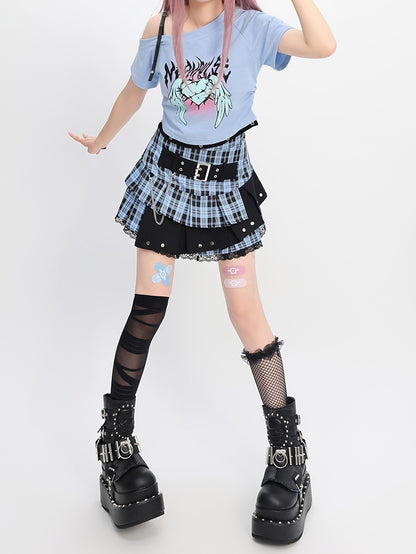 Y2K ライトブルー バックルストラップ ティアード チェックスカート