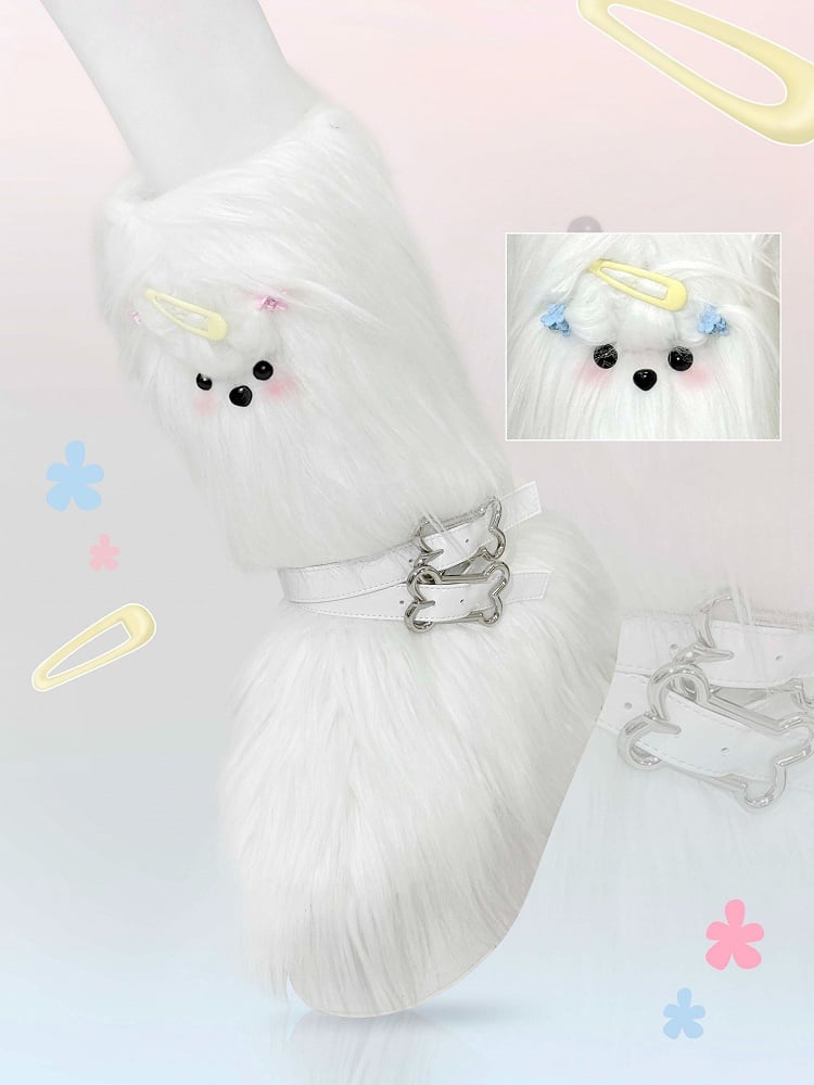 White Maltese Puppy Y2K Platform Furry Boots