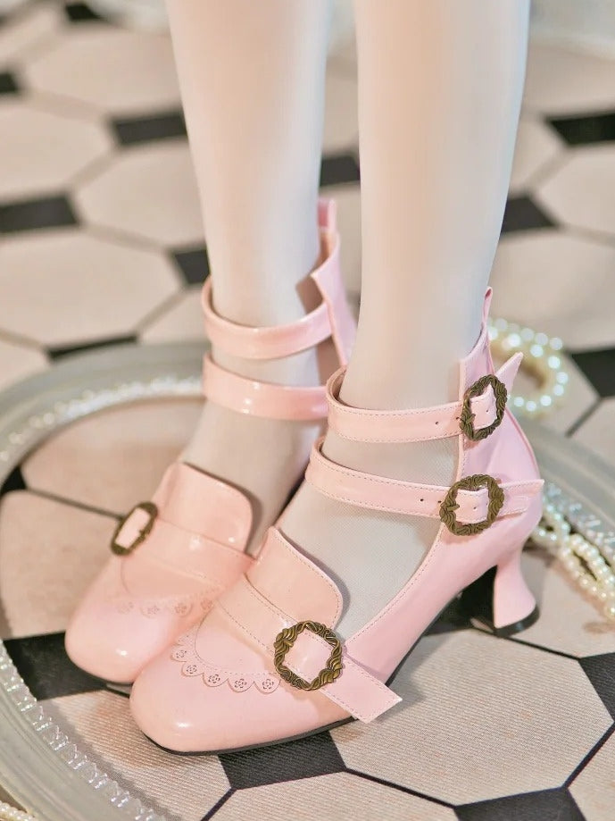 Design Motifs Mary Pink Rose Janes with Elegant Lolita Tri-Buckle
