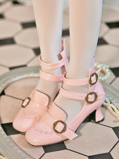 Design Motifs Mary Pink Rose Janes with Elegant Lolita Tri-Buckle