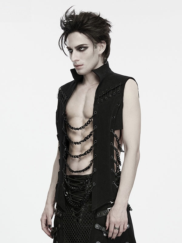 Abyss Chain Stand-Collar Black Men's Punk Vest - Punk Rave