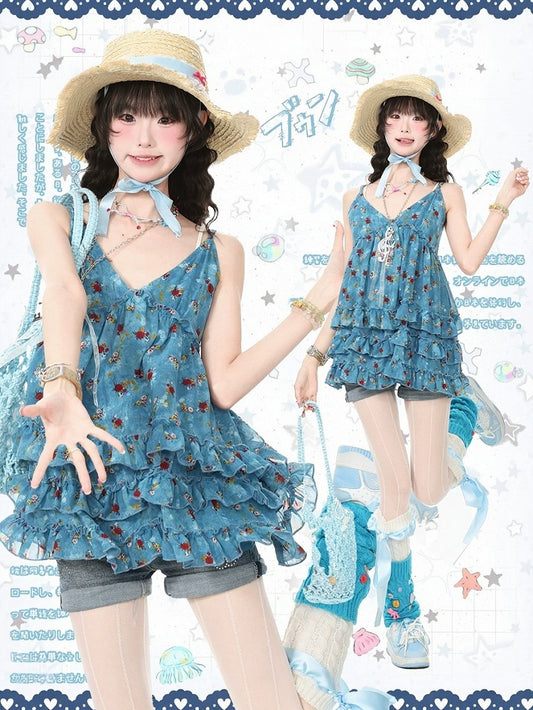 Blue V-Neck Cami Dress with Floral Print & Ruffle Accents - Languid Park
