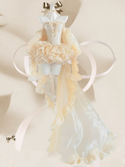 Set Balletcore + Full Top Train Big Bow Sleeves Skirt Corset Gold Lace-up