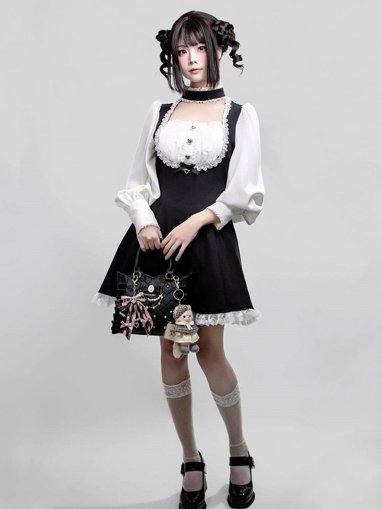 One-Piece Long with Jirai Choker Lace Sleeve White Kei Details Dress Black Design