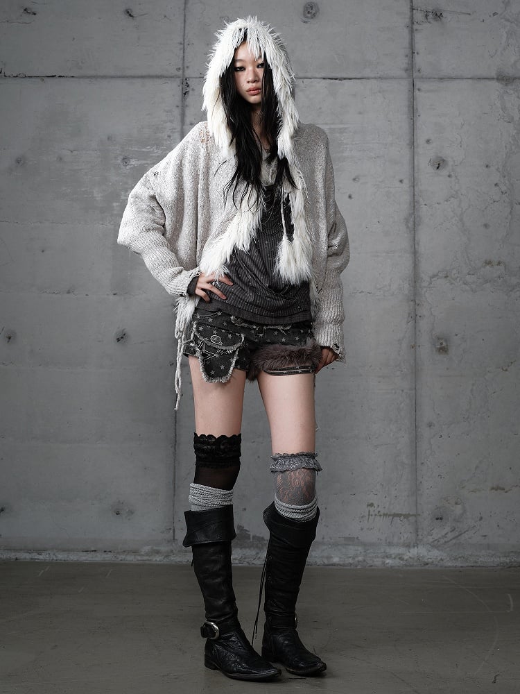 Trim Light Punk Cardigan Wing Faux Grey Fur Print Y2K Batwing with Sleeve