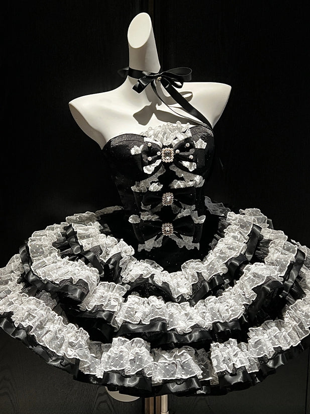 Black Bows Decorated Bodice Sweet Layered Skirt Princess Birthday Strapless Dress
