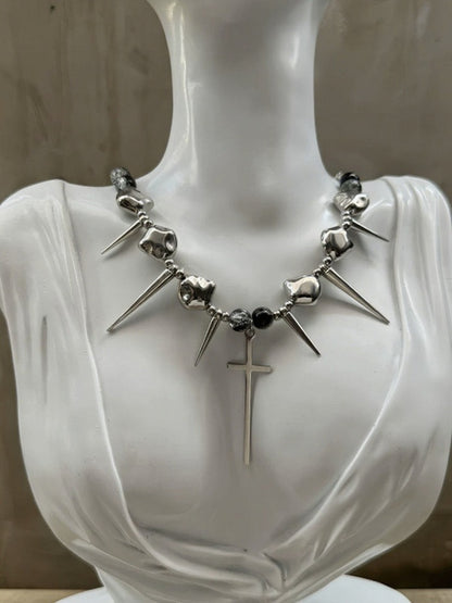 Silver Punk Necklace with Cross Pendant - YSHXS