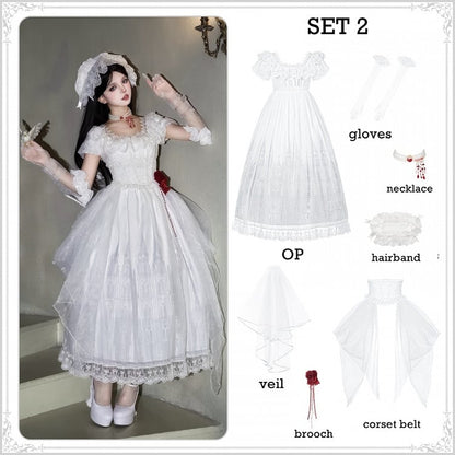 Set OP Lolita Long Goth Neckline White Version Print Full Castle Square Dress