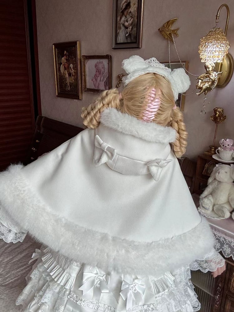 Cape Winter Wollimitat Kapuzenbesatz mit Katzenohrenfell Lolita Weiß