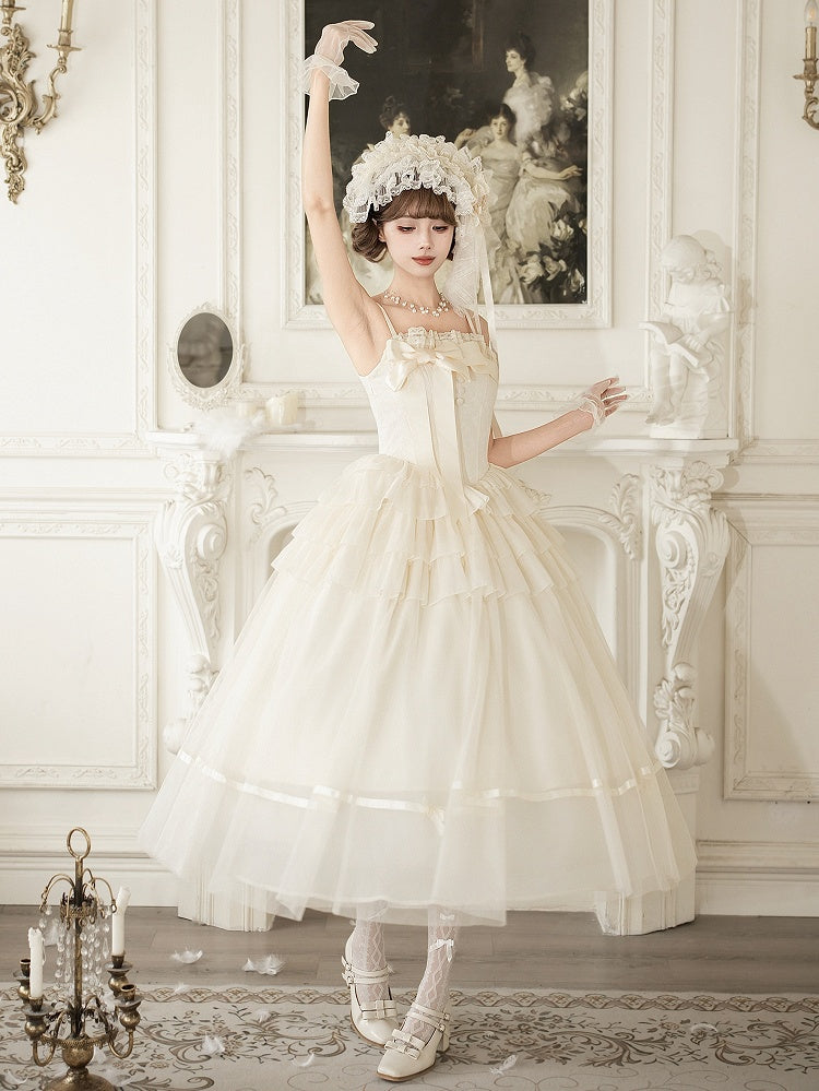 Creamy Boned Waist Elegant Lolita Long JSK Dress + Necklace + Hairband + Floral Hairclip - With PUJI