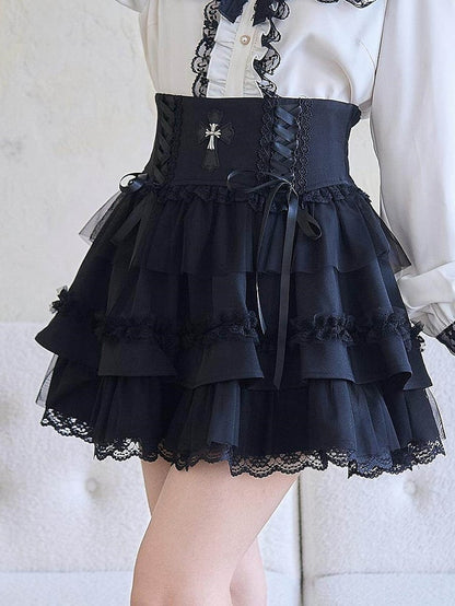 Jirai and Tiered with Details Skirt Lace Lace-up Cross Kei Ruffle Black