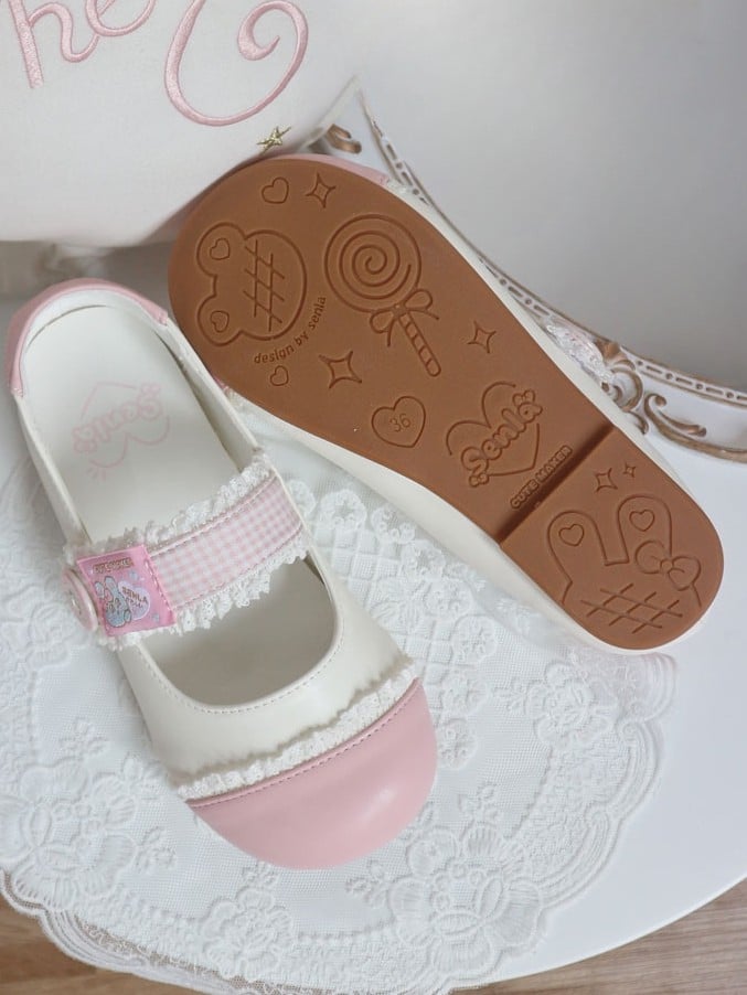 Strap Closures Plaid Lolita Flats White Toe Lace - Pink Trim Sweet Round Velcro