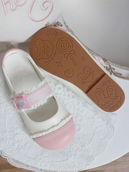 Strap Closures Plaid Lolita Flats White Toe Lace - Pink Trim Sweet Round Velcro