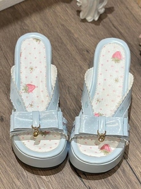 Blue Strawberry-Print Chunky Sandals with Charm Accents - Witch's Night