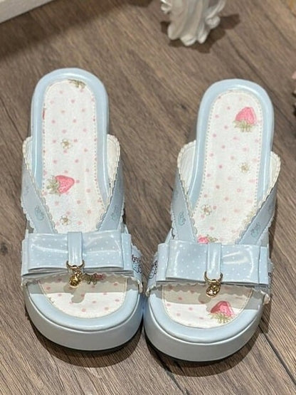 Blue Strawberry-Print Chunky Sandals with Charm Accents - Witch's Night