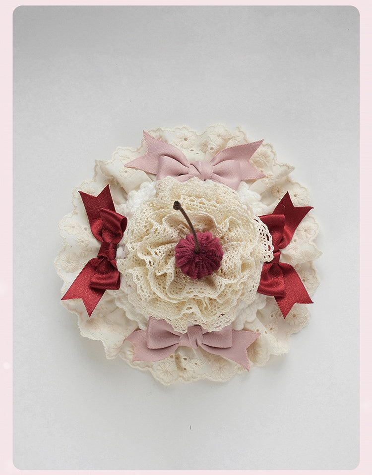 スイートロリータピンクのリボンとチェリーケーキのレイヤードレーストリムのミニハット