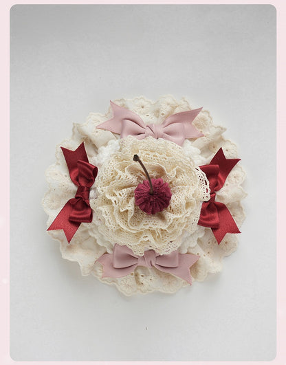 スイートロリータピンクのリボンとチェリーケーキのレイヤードレーストリムのミニハット