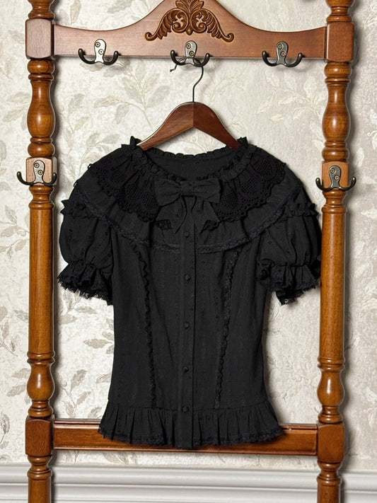 Ruffle Black Short Blouse Sleeves Neckline Puff