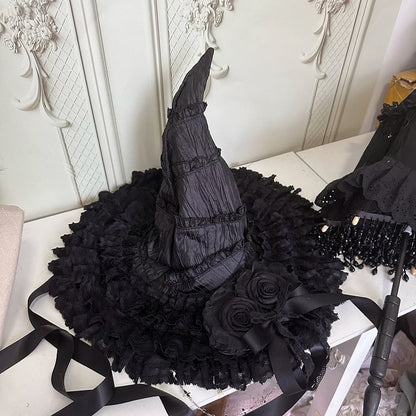 Witch Hat Details Roses Black/Green Lace Chains Black Large
