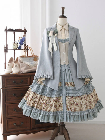 Elegant Blue and Beige Single-Breasted Jacket with Lacing Detail