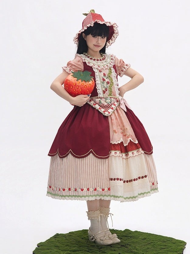Wine Red Strawberry Hat with Plaid & Polka Dots - Unfinished Fairy Tales