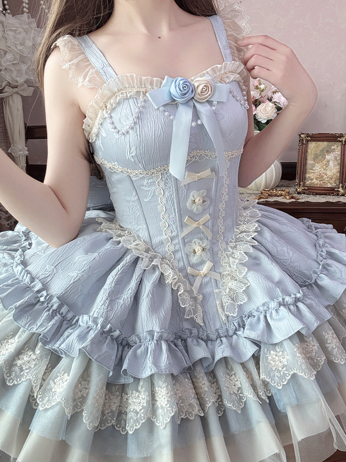 Blaues großes bauschiges Kleid Hime Lolita Balletcore Schleife Stoffschleppe JSK entbeint Baskentaille Jacquard mit