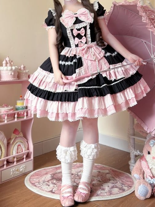 Stück und rosa Ärmel Lolita Schleife Ein Kleid süße kurze Akzente schwarz