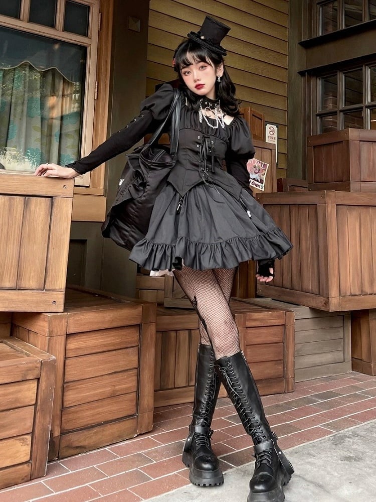 Black Punk Halter Long Sleeve Drawstring Lolita Top with Skirt Set - NanaRiot