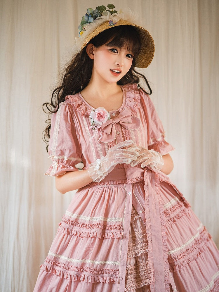 Pink Layered Ruffles Elegant Dress with Front Buttons - Miss Point
