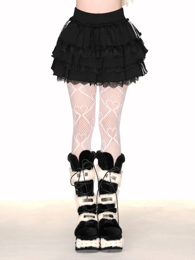 ティアードスカート ブラック/ホワイト レーストリム